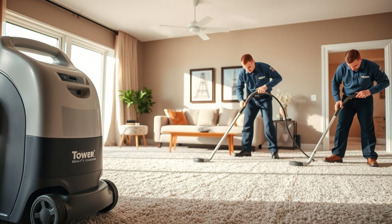 A bright, well-lit interior with a professional-grade steam cleaning machine prominently featured in the foreground. In the middle ground, two Tower Quality Cleaning service technicians in uniforms are meticulously working on a plush, luxurious carpet, using specialized tools and techniques. The background showcases a cozy, modern living room setting, highlighting the benefits of a freshly cleaned carpet - a healthier, allergen-free environment. The scene conveys a sense of expertise, efficiency, and the transformative power of professional carpet steam cleaning.