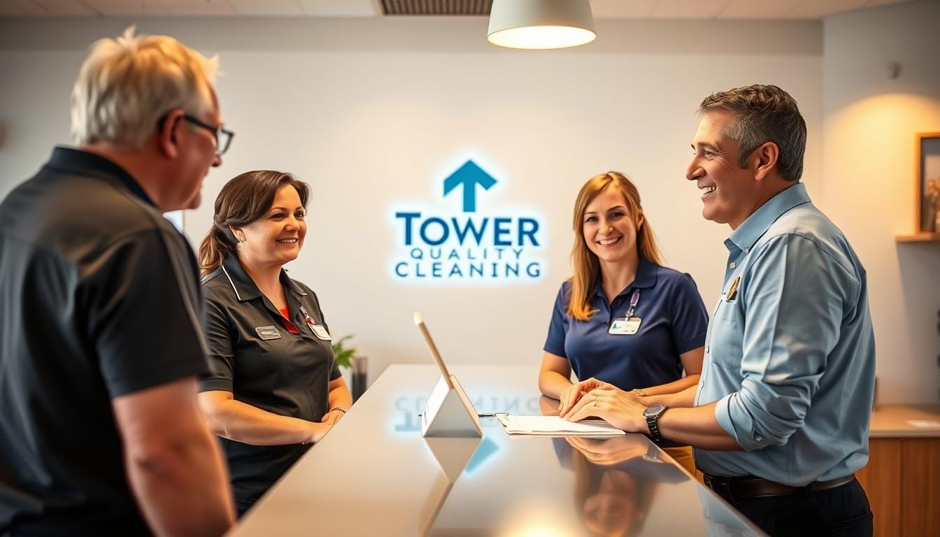 A bright, well-lit office setting with a reception desk and two customer service professionals in uniform attire - a man and a woman - greeting and assisting a customer. The customer is a middle-aged individual, dressed casually. The scene conveys a sense of professionalism, efficiency, and a commitment to exceptional customer service. In the background, the Tower Quality Cleaning logo is prominently displayed, reflecting the brand identity. The lighting is warm and inviting, creating a welcoming atmosphere. The camera angle is slightly elevated, capturing the interaction from a neutral perspective. A bright, well-lit office setting with a reception desk and two customer service professionals in uniform attire - a man and a woman - greeting and assisting a customer. The customer is a middle-aged individual, dressed casually. The scene conveys a sense of professionalism, efficiency, and a commitment to exceptional customer service. In the background, the Tower Quality Cleaning logo is prominently displayed, reflecting the brand identity. The lighting is warm and inviting, creating a welcoming atmosphere. The camera angle is slightly elevated, capturing the interaction from a neutral perspective.