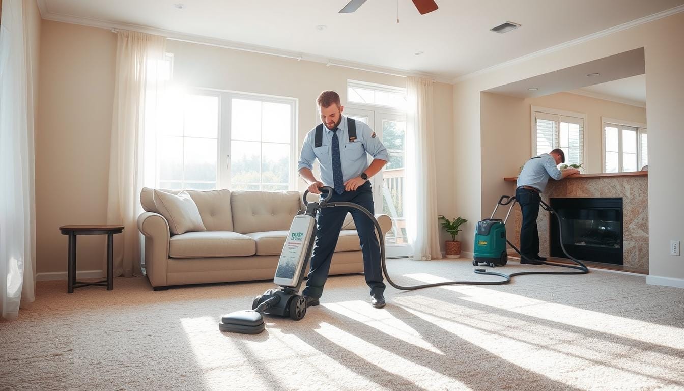 A modern living room with plush beige carpet, sunlight streaming through large windows. In the center, a Tower Quality Cleaning service technician in a crisp uniform operates a state-of-the-art steam cleaning machine, meticulously extracting dirt and grime from the fibers. The technician's movements are deliberate and focused, their expression one of professional expertise. In the background, another technician attends to a corner, ensuring every inch of the carpet is thoroughly cleaned. The room has a fresh, clean atmosphere, with a sense of order and attention to detail. A modern living room with plush beige carpet, sunlight streaming through large windows. In the center, a Tower Quality Cleaning service technician in a crisp uniform operates a state-of-the-art steam cleaning machine, meticulously extracting dirt and grime from the fibers. The technician's movements are deliberate and focused, their expression one of professional expertise. In the background, another technician attends to a corner, ensuring every inch of the carpet is thoroughly cleaned. The room has a fresh, clean atmosphere, with a sense of order and attention to detail.