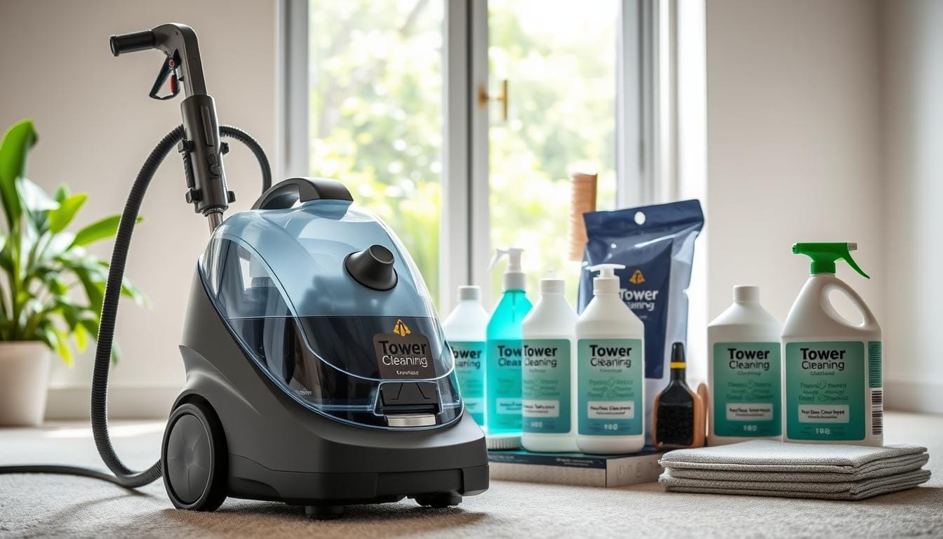 A pristine, well-lit indoor setting showcases a range of Tower Quality Cleaning eco-friendly carpet steam cleaning equipment. In the foreground, a sleek, modern-looking steam cleaner with a large water tank and adjustable nozzle takes center stage. The middle ground features a collection of biodegradable cleaning solutions, brushes, and reusable microfiber pads, all bearing the Tower Quality Cleaning brand. In the background, a window offers a glimpse of lush greenery, reflecting the environmentally conscious nature of the scene. The lighting is soft and natural, creating a warm, inviting atmosphere that emphasizes the sustainable and efficient nature of the cleaning process. A pristine, well-lit indoor setting showcases a range of Tower Quality Cleaning eco-friendly carpet steam cleaning equipment. In the foreground, a sleek, modern-looking steam cleaner with a large water tank and adjustable nozzle takes center stage. The middle ground features a collection of biodegradable cleaning solutions, brushes, and reusable microfiber pads, all bearing the Tower Quality Cleaning brand. In the background, a window offers a glimpse of lush greenery, reflecting the environmentally conscious nature of the scene. The lighting is soft and natural, creating a warm, inviting atmosphere that emphasizes the sustainable and efficient nature of the cleaning process.