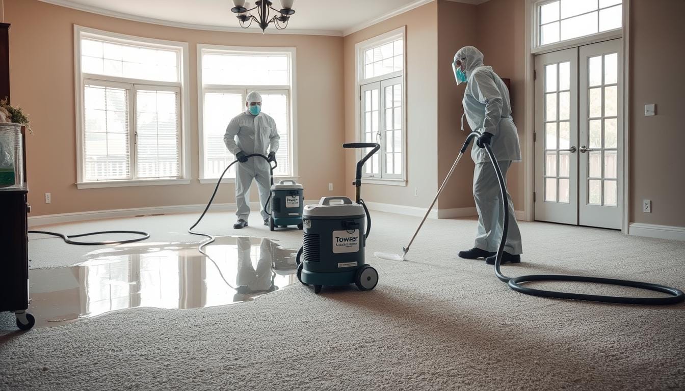 A spacious living room with flooded, soaked carpet. Two professional cleaners from Tower Quality Cleaning wearing protective gear, using industrial steam cleaners and sanitizing agents to thoroughly clean and decontaminate the saturated floor. Soft, natural lighting filters in through large windows, casting a calming, serene atmosphere as the cleaners meticulously extract water and disinfect the area. The carpet's fibers gradually return to a clean, freshly shampooed state, ready to be dried and restored to its original condition. A spacious living room with flooded, soaked carpet. Two professional cleaners from Tower Quality Cleaning wearing protective gear, using industrial steam cleaners and sanitizing agents to thoroughly clean and decontaminate the saturated floor. Soft, natural lighting filters in through large windows, casting a calming, serene atmosphere as the cleaners meticulously extract water and disinfect the area. The carpet's fibers gradually return to a clean, freshly shampooed state, ready to be dried and restored to its original condition.
