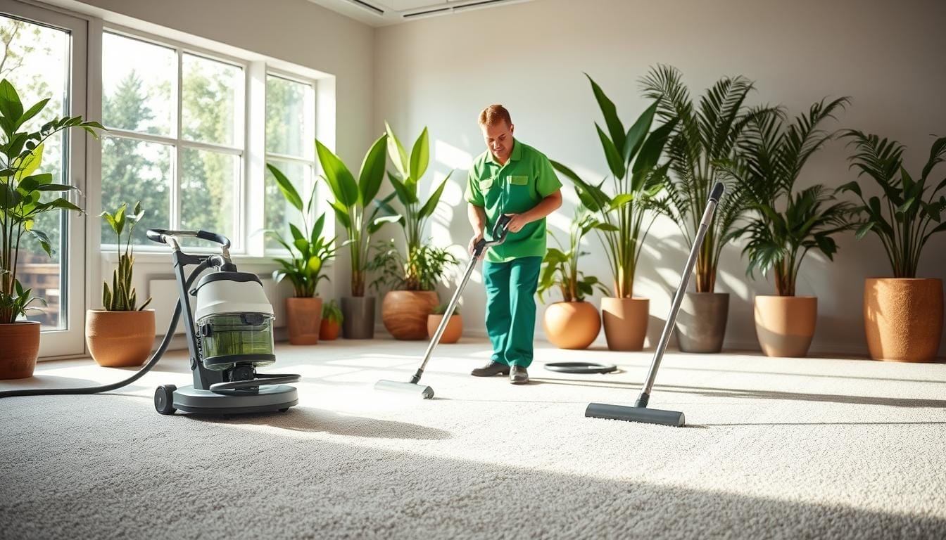 A vibrant, eco-friendly carpet cleaning scene showcasing Tower Quality Cleaning's professional service. In the foreground, two cleaners in green uniforms use specialized steam cleaning equipment, leaving behind a fresh, spotless carpet. Midground features a modern, well-lit interior with natural light streaming in from large windows. In the background, lush potted plants and natural decor elements create a calming, sustainable ambiance. Lighting is soft and diffused, highlighting the cleaners' meticulous work. The overall composition conveys a sense of environmental responsibility and attention to detail, perfectly capturing the essence of "Eco-Friendly Carpet Cleaning Options".