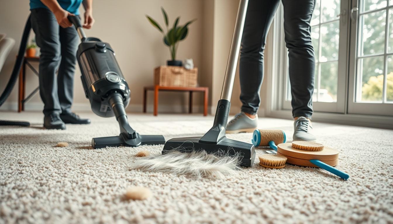 A well-lit and detailed scene showcasing the process of pet hair removal from a carpeted floor. In the foreground, a Tower Quality Cleaning professional expertly operates a high-powered vacuum cleaner, meticulously extracting stubborn pet hair and dander from the plush, neutral-toned carpet. The middle ground features a collection of pet grooming tools, including a lint roller and pet-safe brushes, neatly arranged on a wooden side table. In the background, a large window allows natural light to flood the room, creating a clean and inviting atmosphere. The overall mood is one of efficiency and attention to detail, highlighting the importance of maintaining a healthy, allergen-free living space for both pets and their owners. A well-lit and detailed scene showcasing the process of pet hair removal from a carpeted floor. In the foreground, a Tower Quality Cleaning professional expertly operates a high-powered vacuum cleaner, meticulously extracting stubborn pet hair and dander from the plush, neutral-toned carpet. The middle ground features a collection of pet grooming tools, including a lint roller and pet-safe brushes, neatly arranged on a wooden side table. In the background, a large window allows natural light to flood the room, creating a clean and inviting atmosphere. The overall mood is one of efficiency and attention to detail, highlighting the importance of maintaining a healthy, allergen-free living space for both pets and their owners.