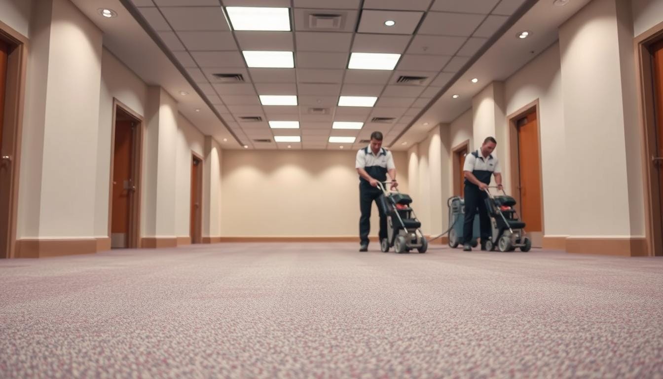 A well-lit commercial interior with a vibrant, freshly steam-cleaned carpet taking up the foreground. In the middle ground, two professional carpet cleaners from Tower Quality Cleaning dressed in uniforms, working diligently with commercial-grade steam cleaning equipment. The background features clean, minimalist walls and fixtures, conveying a sense of order and cleanliness. The lighting is bright and evenly distributed, highlighting the lush, restored appearance of the carpet. The overall atmosphere is one of meticulous attention to detail and a commitment to providing excellent carpet maintenance services.