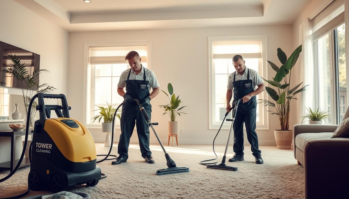 A well-lit interior scene of a residential living room. In the foreground, two cleaners from Tower Quality Cleaning are using eco-friendly steam cleaning equipment to deep clean a plush, beige carpet. They wear professional uniforms and use advanced tools, including a large industrial-grade steam cleaner and handheld brushes. The middle ground features natural light filtering in through large windows, casting a warm glow on the scene. In the background, potted plants and minimalist decor create a serene, nature-inspired atmosphere, conveying the 'eco-friendly' theme. The overall mood is one of diligence, efficiency, and environmental consciousness.