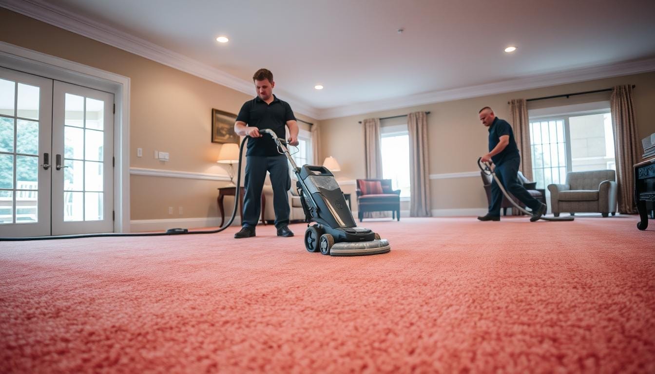 A well-lit interior showcasing professional carpet steam cleaning by Tower Quality Cleaning technicians. In the foreground, the technicians expertly operate a powerful steam cleaner, maneuvering it across the plush, vibrant carpet. The middle ground reveals the immaculate, freshly cleaned surface, while the background suggests a comfortable, residential setting. The scene conveys a sense of diligence, efficiency, and the commitment to maintaining the carpet's warranty through thorough, high-quality steam cleaning.