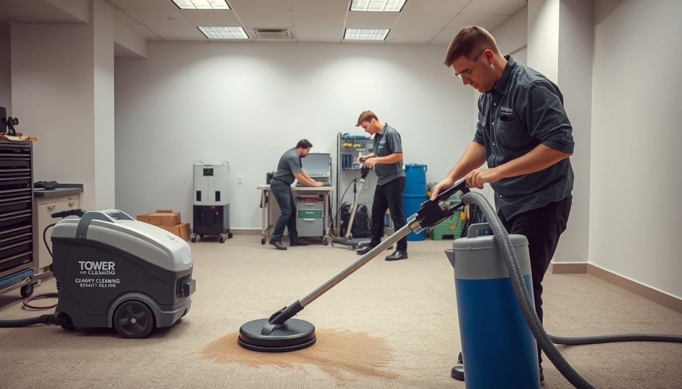 A well-lit interior showing a professional steam cleaning service in progress. In the foreground, a Tower Quality Cleaning service technician meticulously operates a state-of-the-art steam cleaning machine, extracting dirt and debris from a plush, high-quality carpet. In the middle ground, another technician carefully inspects the cleaning process, ensuring a thorough and effective clean. The background features clean, organized tools and equipment, conveying a sense of expertise and attention to detail. The lighting is soft and even, highlighting the efficient, cost-effective nature of the service. An atmosphere of professionalism and reliability permeates the scene, providing valuable insight into the costs and benefits of regular carpet steam cleaning. A well-lit interior showing a professional steam cleaning service in progress. In the foreground, a Tower Quality Cleaning service technician meticulously operates a state-of-the-art steam cleaning machine, extracting dirt and debris from a plush, high-quality carpet. In the middle ground, another technician carefully inspects the cleaning process, ensuring a thorough and effective clean. The background features clean, organized tools and equipment, conveying a sense of expertise and attention to detail. The lighting is soft and even, highlighting the efficient, cost-effective nature of the service. An atmosphere of professionalism and reliability permeates the scene, providing valuable insight into the costs and benefits of regular carpet steam cleaning.
