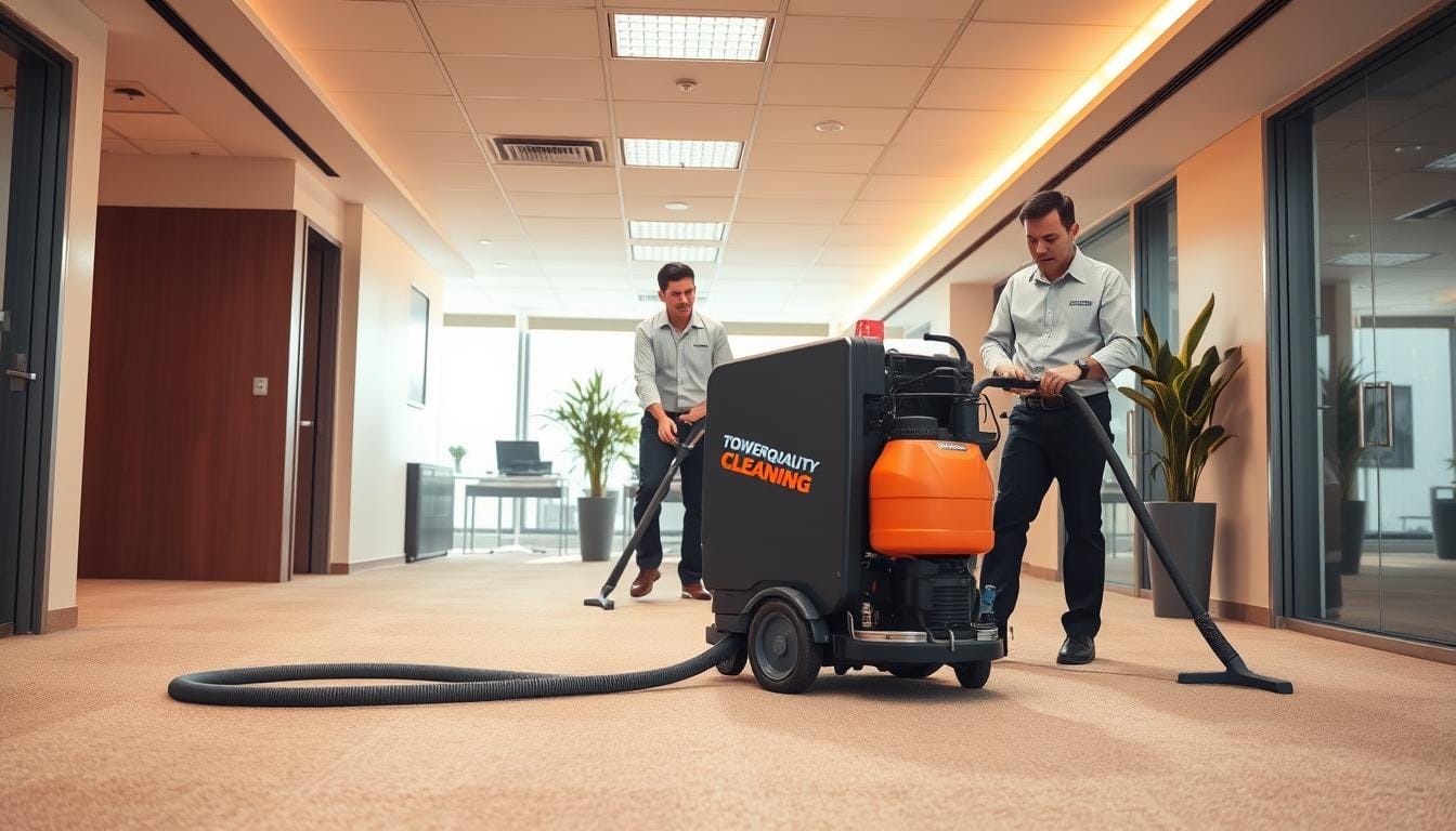 A well-lit, modern office setting with professional carpet cleaners from Tower Quality Cleaning expertly operating a high-powered steam cleaning machine. The technicians are dressed in crisp uniforms, focused on their work, and surrounded by plush, freshly cleaned carpeting. The scene conveys a sense of efficiency, attention to detail, and cost-effectiveness, highlighting the value of professional carpet steam cleaning services. Warm, soft lighting illuminates the space, and the camera angle provides a close, dynamic view of the cleaning process. A well-lit, modern office setting with professional carpet cleaners from Tower Quality Cleaning expertly operating a high-powered steam cleaning machine. The technicians are dressed in crisp uniforms, focused on their work, and surrounded by plush, freshly cleaned carpeting. The scene conveys a sense of efficiency, attention to detail, and cost-effectiveness, highlighting the value of professional carpet steam cleaning services. Warm, soft lighting illuminates the space, and the camera angle provides a close, dynamic view of the cleaning process.