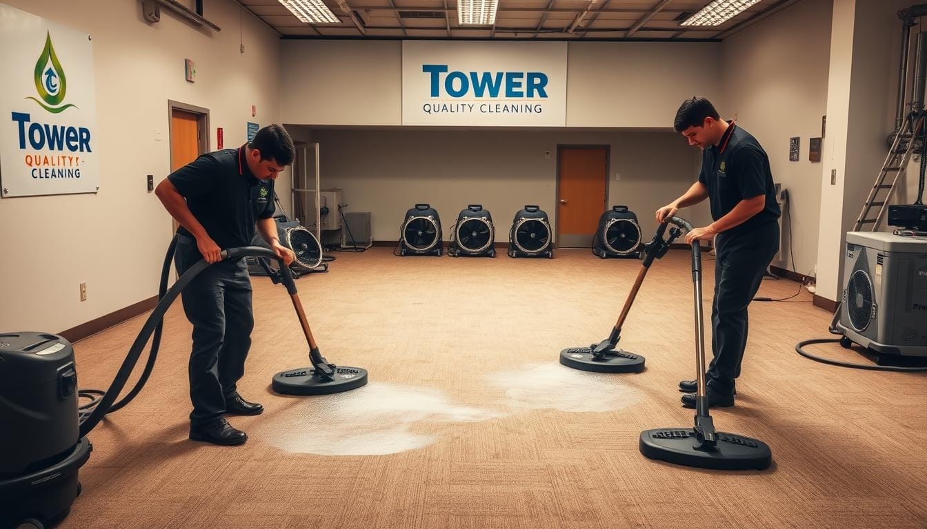 A well-lit, spacious commercial workspace, with the Tower Quality Cleaning logo prominently displayed. In the foreground, two professional cleaners in uniform use commercial-grade steam cleaning equipment, expertly maneuvering hoses and nozzles over a plush, deeply cleaned carpet. In the middle ground, clean, freshly vacuumed carpets await their turn, while in the background, high-powered fans and dehumidifiers work to dry the freshly cleaned areas. Warm, natural lighting and a sense of order and efficiency permeate the scene, conveying the expertise and care of the Tower Quality Cleaning team.