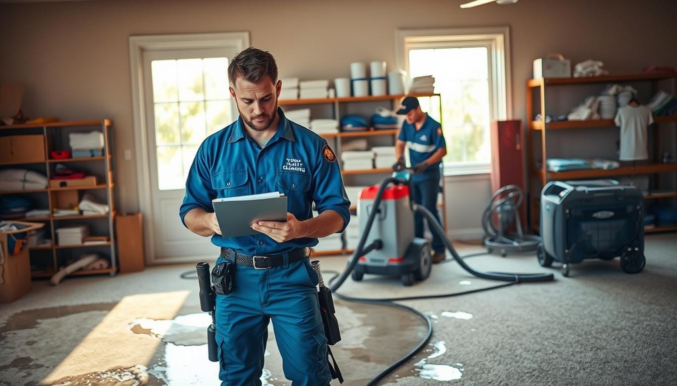 An interior scene depicting the professional process of flood restoration insurance claims. In the foreground, a service technician in a Tower Quality Cleaning uniform inspects water damage on a soaked carpet, taking notes on a clipboard. In the middle ground, another technician operates a commercial-grade carpet steam cleaner, extracting water and debris. The background features shelves of cleaning supplies and drying equipment, bathed in warm, natural lighting filtered through a window. The overall mood is one of diligent, methodical restoration work, conveying a sense of care and expertise in addressing the aftermath of a flood.