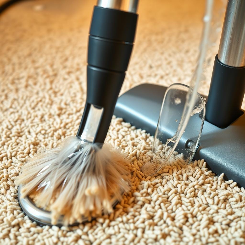 Deep steam cleaning process removing flood contaminants from carpet