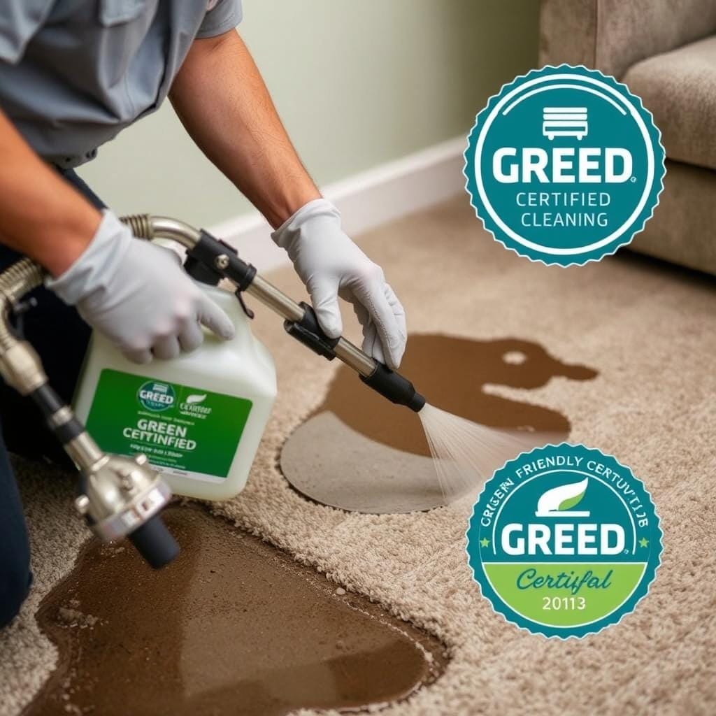 Eco-friendly carpet cleaning solutions being applied after flood damage