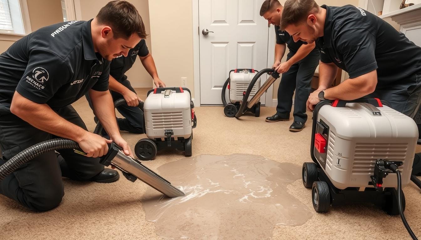 Emergency flood water removal team extracting water from a flooded carpet in Dandenong home