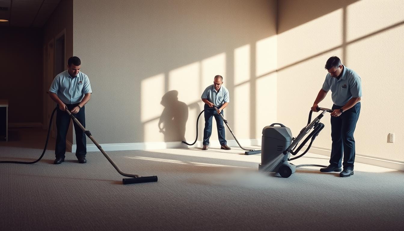 Professional cleaning crew in crisp uniforms operating high-powered steam cleaning equipment, meticulously cleaning a plush, wall-to-wall carpet in a well-lit commercial space. The Tower Quality Cleaning logo prominently displayed on their uniforms. Soft, directional lighting casts long shadows, evoking a sense of diligence and attention to detail. The scene conveys the expertise and professionalism of a specialized steam cleaning service, ready to revitalize carpets to their former glory. Professional cleaning crew in crisp uniforms operating high-powered steam cleaning equipment, meticulously cleaning a plush, wall-to-wall carpet in a well-lit commercial space. The Tower Quality Cleaning logo prominently displayed on their uniforms. Soft, directional lighting casts long shadows, evoking a sense of diligence and attention to detail. The scene conveys the expertise and professionalism of a specialized steam cleaning service, ready to revitalize carpets to their former glory.