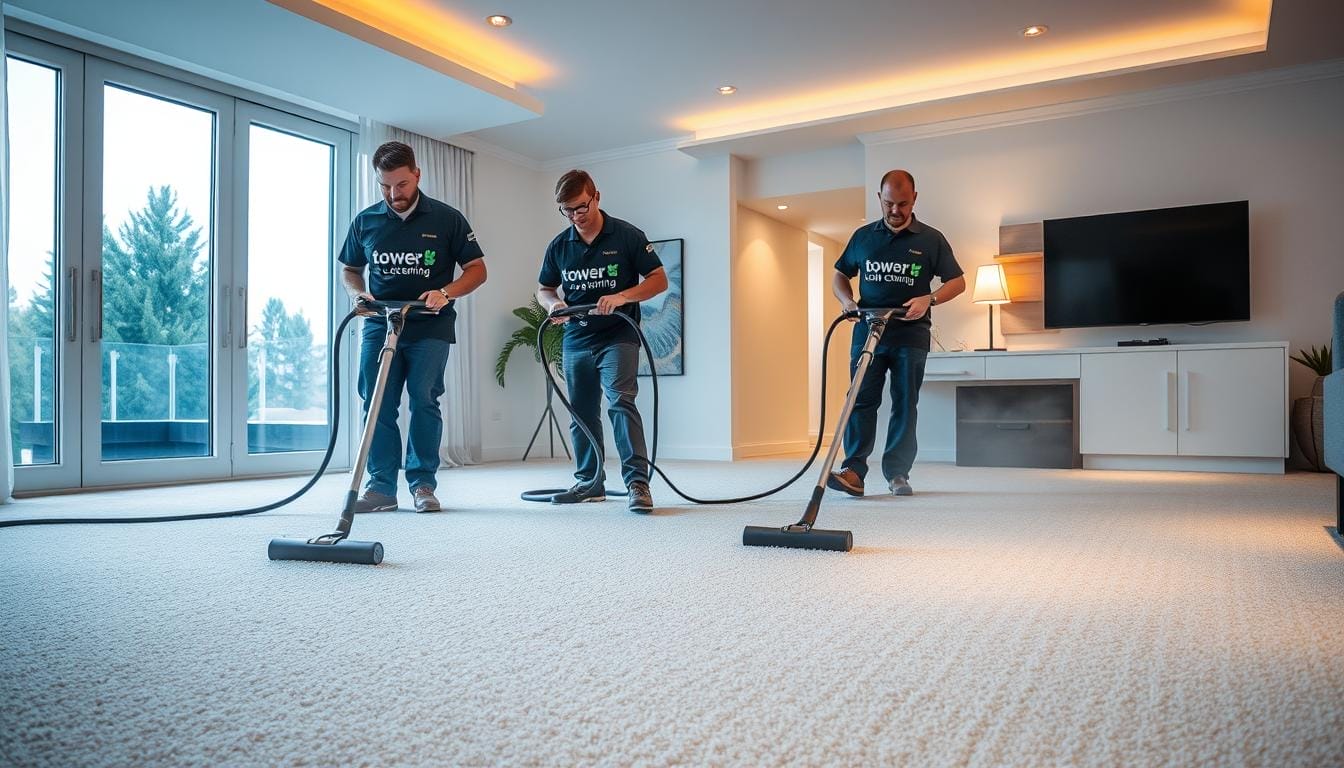 Professional service men working in Carpet Steam Cleaning, "Tower Quality Cleaning" logo prominently displayed on their uniforms. Well-lit interior of a clean, modern home, with a large, pristine living room carpet in the foreground. The cleaning crew uses high-tech steam cleaning equipment, methodically working to restore the carpet's vibrant colors and plush texture. Warm, inviting lighting casts a soft glow, highlighting the attention to detail and care taken in the cleaning process. The overall scene conveys the benefits of regular carpet maintenance for a healthy, beautiful living space. Professional service men working in Carpet Steam Cleaning, "Tower Quality Cleaning" logo prominently displayed on their uniforms. Well-lit interior of a clean, modern home, with a large, pristine living room carpet in the foreground. The cleaning crew uses high-tech steam cleaning equipment, methodically working to restore the carpet's vibrant colors and plush texture. Warm, inviting lighting casts a soft glow, highlighting the attention to detail and care taken in the cleaning process. The overall scene conveys the benefits of regular carpet maintenance for a healthy, beautiful living space.