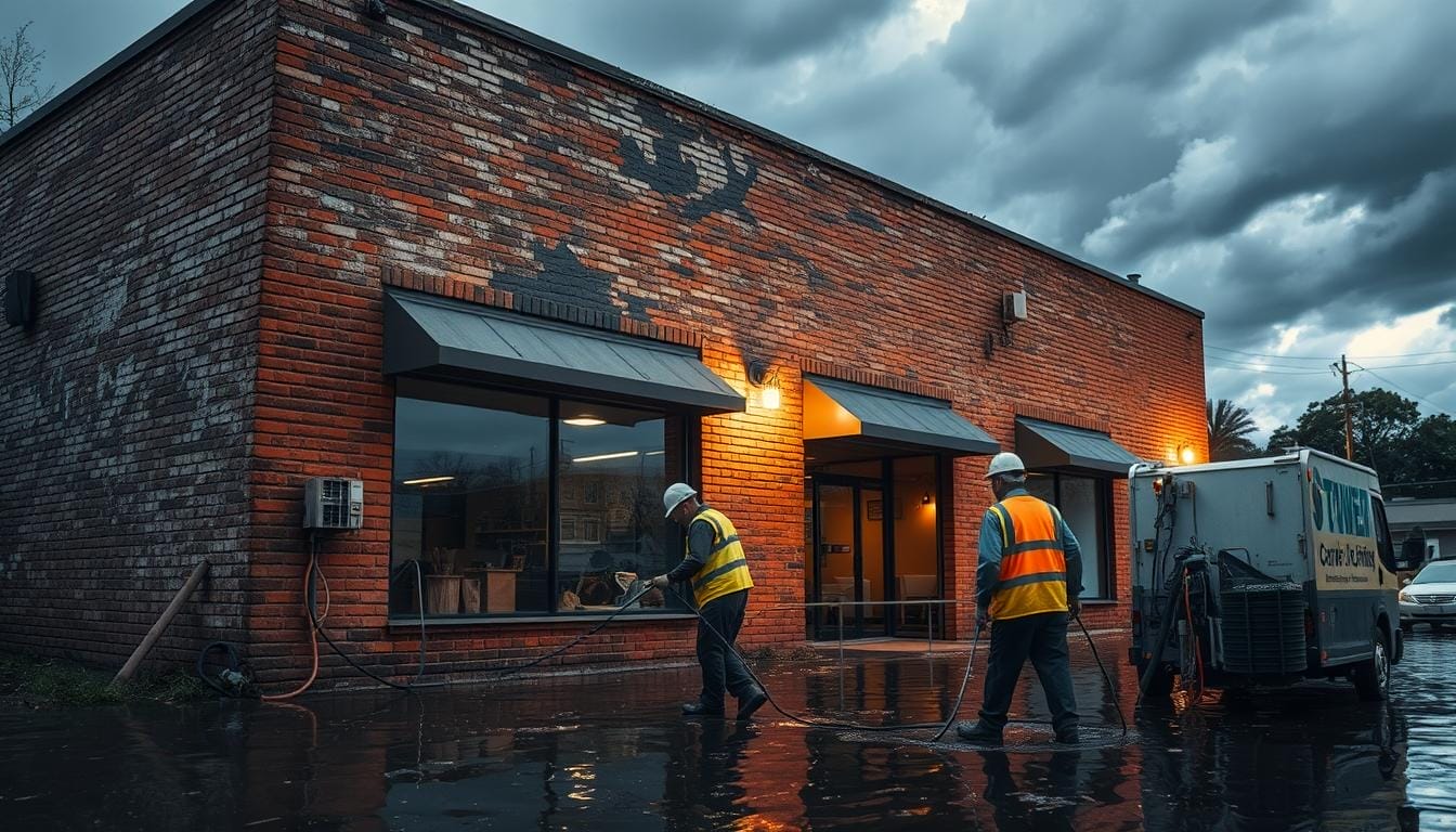 Weathered brick building, its facade streaked with water damage, stands against a backdrop of dark storm clouds. In the foreground, a team of professional carpet cleaners from Tower Quality Cleaning, clad in safety gear, work diligently to extract water and debris from a partially submerged commercial space. The scene is lit by a mix of natural and artificial light, casting dramatic shadows and highlighting the grim task at hand. The mood is somber, underscoring the urgency of flood damage prevention measures. Attention to detail in the equipment, techniques, and expressions of the workers conveys their expertise and commitment to restoring the space.